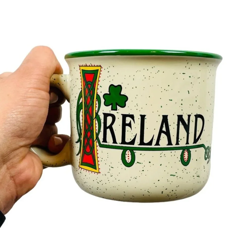 Ireland Shamrock Celtic Campfire Style Ceramic Mug Speckled Green White